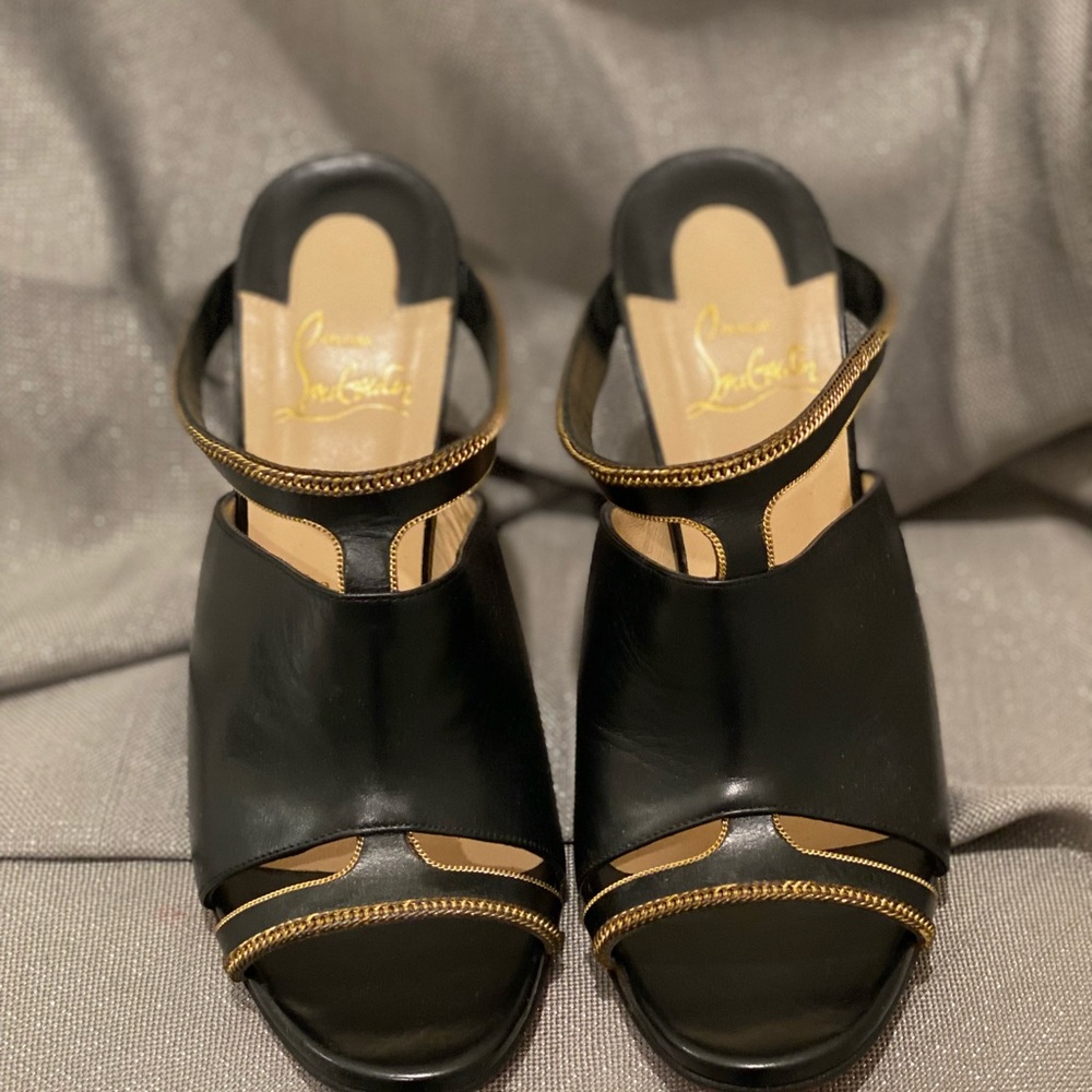 Christian Louboutin Black Leather Chain-Link Accent Slide Heels